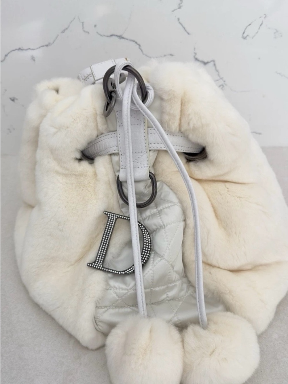2007-2008 Limited Edition Christian Dior White Rabbit Fur Drawstring